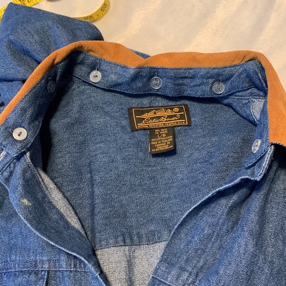 Eddie Bauer dress button down removable collar denim long sleeve pockets L farm - Picture 13 of 13
